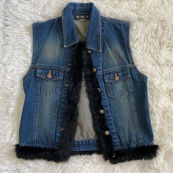 MIX It | Denim Sleeveless Vest w/ Rabbit Fur Trim | Size: Medium - Picture 2 of 9